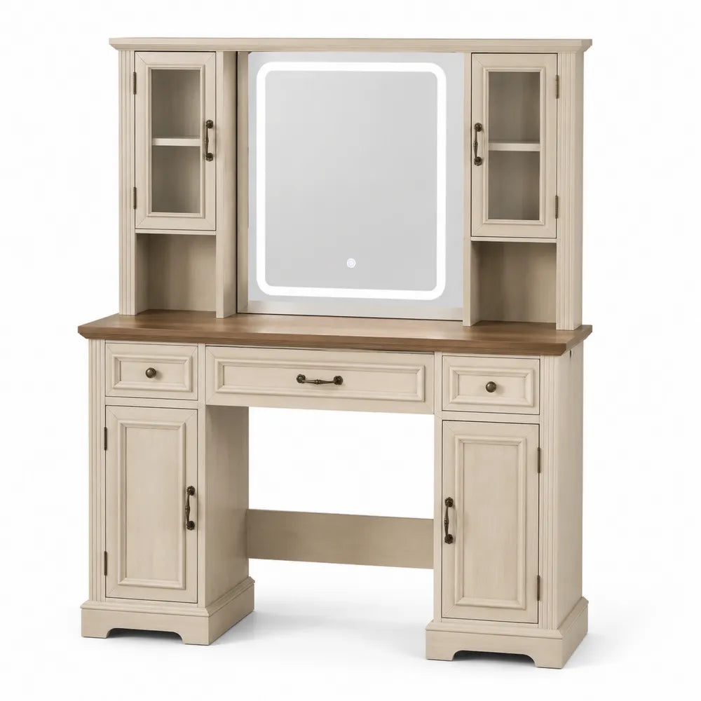 Toaletka z lustrem LED MDF Kremowo-Brązowa 120x45x150 cm