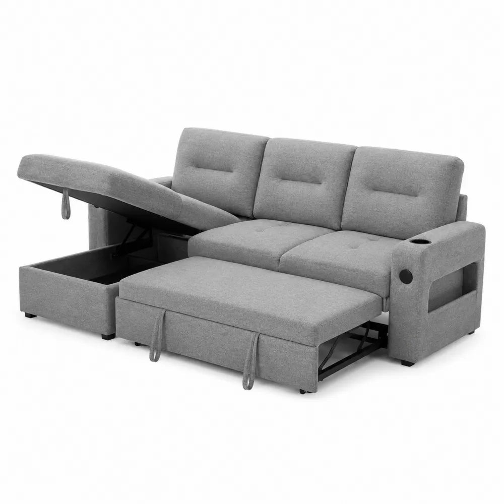 Rozkładana narożna sofa tkaninowa z funkcją spania i schowkiem szara