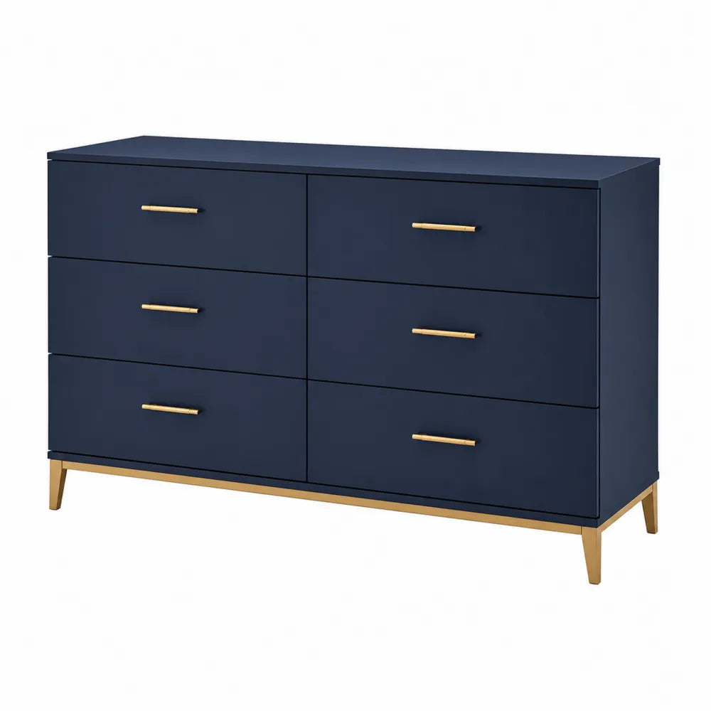 Granatowa komoda z 6 szufladami z płyty MDF i złotymi nogami 120x40x75 cm