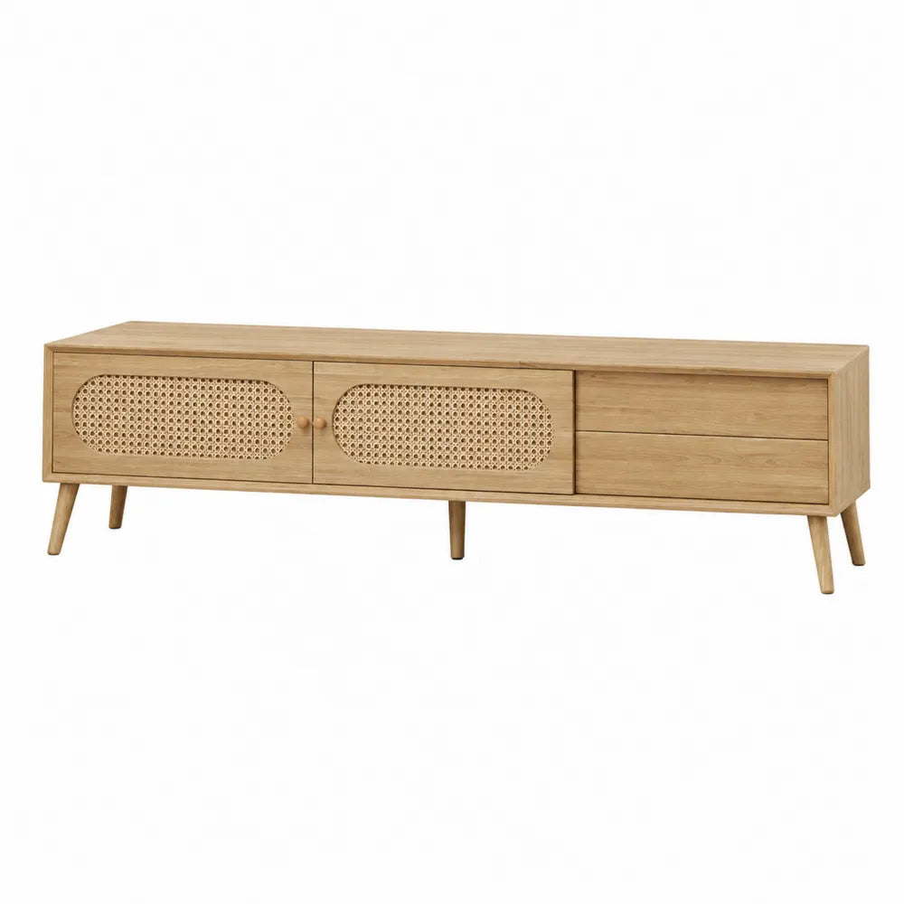Szafka RTV drewniana z drzwiami rattanowymi, dąb