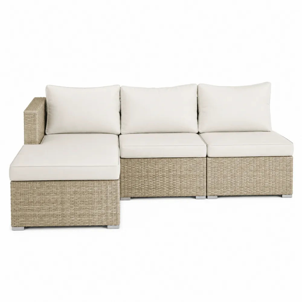 Narożna rattanowa sofa z poduszkami, beżowa, 200x70x72 cm