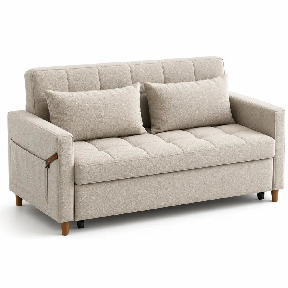 Sofa rozkładana z tkaniny poliestrowej beżowej z poduszkami 190 cm