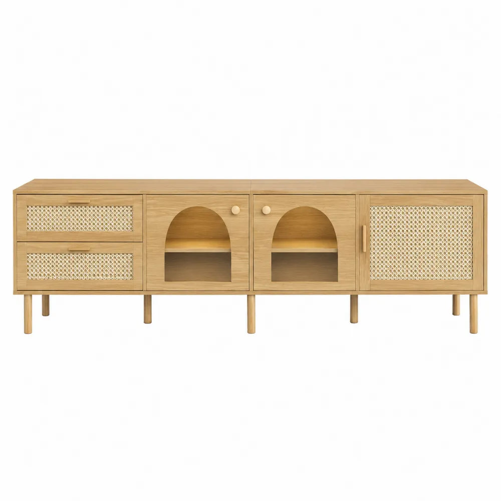 Drewniana szafka RTV z rattanu i drewna sosnowego 180x40x50 cm